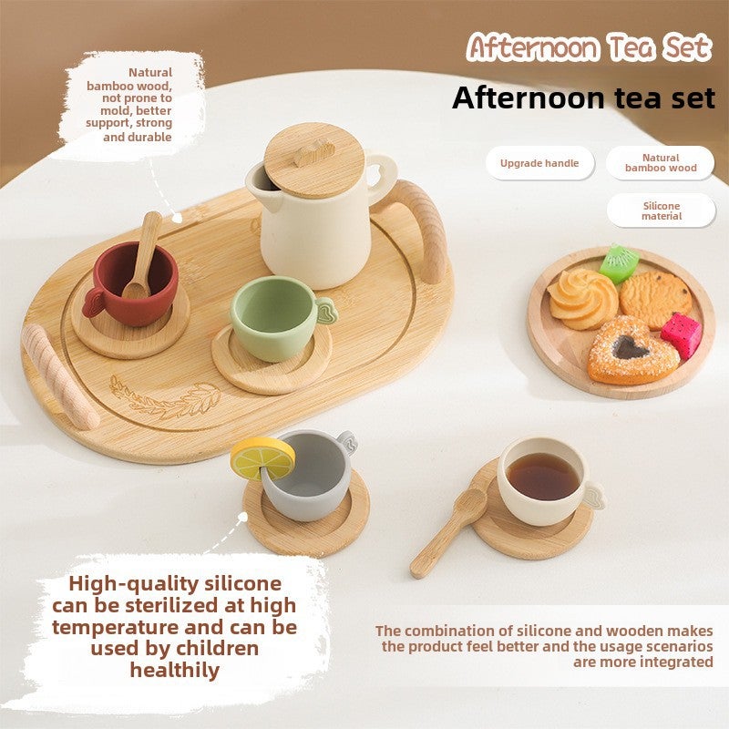 Wooden Play House Afternoon Tea Toy Girl Mini Silicone Tea Cup Teapot suit Children's Role Playing Toy([New] afternoon tea suit) - Image 2