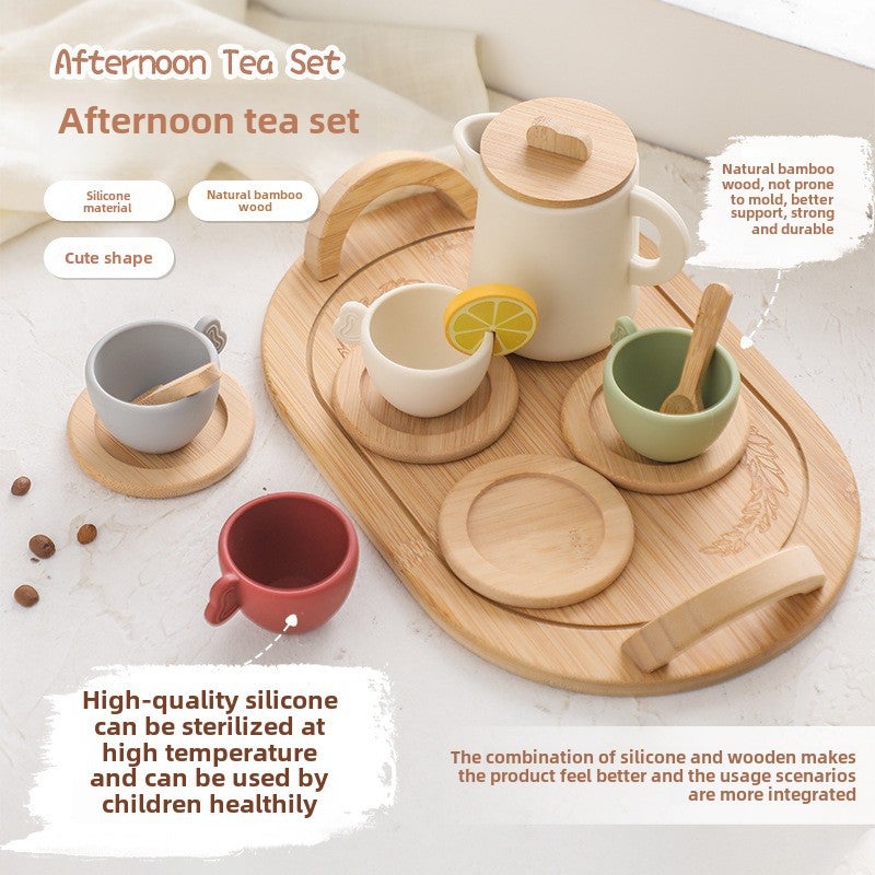 Wooden Play House Afternoon Tea Toy Girl Mini Silicone Tea Cup Teapot suit Children's Role Playing Toy([New] afternoon tea suit) - Image 4
