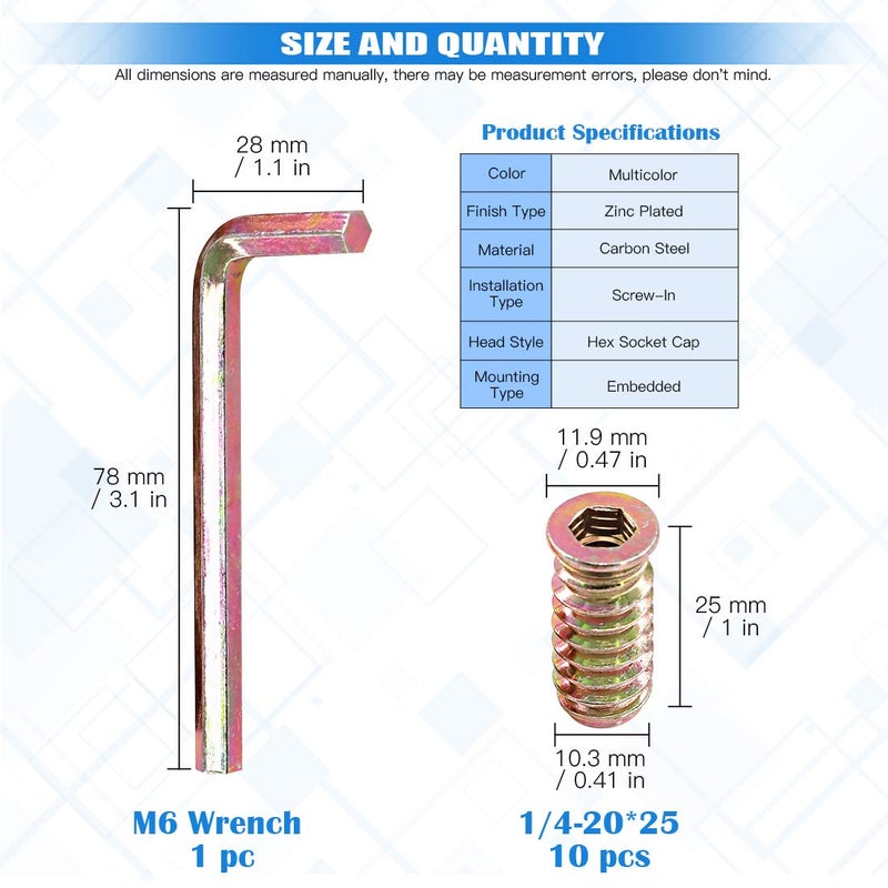 Glarks 50Pcs 1/4"-20x25mm Threaded Inserts Nuts Zinc Plated Carbon Steel Hex Socket Drive Furniture Flanged Screw-in Nut with M6 Hex Wrench for Wood Furniture (1/4"-20 x 25mm) - Image 2