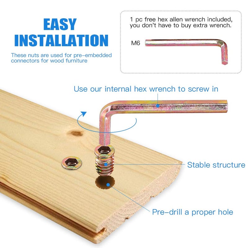Glarks 50Pcs 1/4"-20x25mm Threaded Inserts Nuts Zinc Plated Carbon Steel Hex Socket Drive Furniture Flanged Screw-in Nut with M6 Hex Wrench for Wood Furniture (1/4"-20 x 25mm) - Image 5