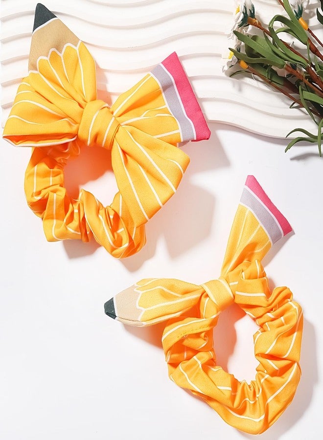 Doneace Yellow Pencil Hair Scrunchies for Girls Back To School Bow Hair Ties Elastic Teacher Hair Ribbon Detachable Hair Ring Hair Loop Ponytail Holder for School First Day Hair Accessories Gifts 2Pcs - Image 2