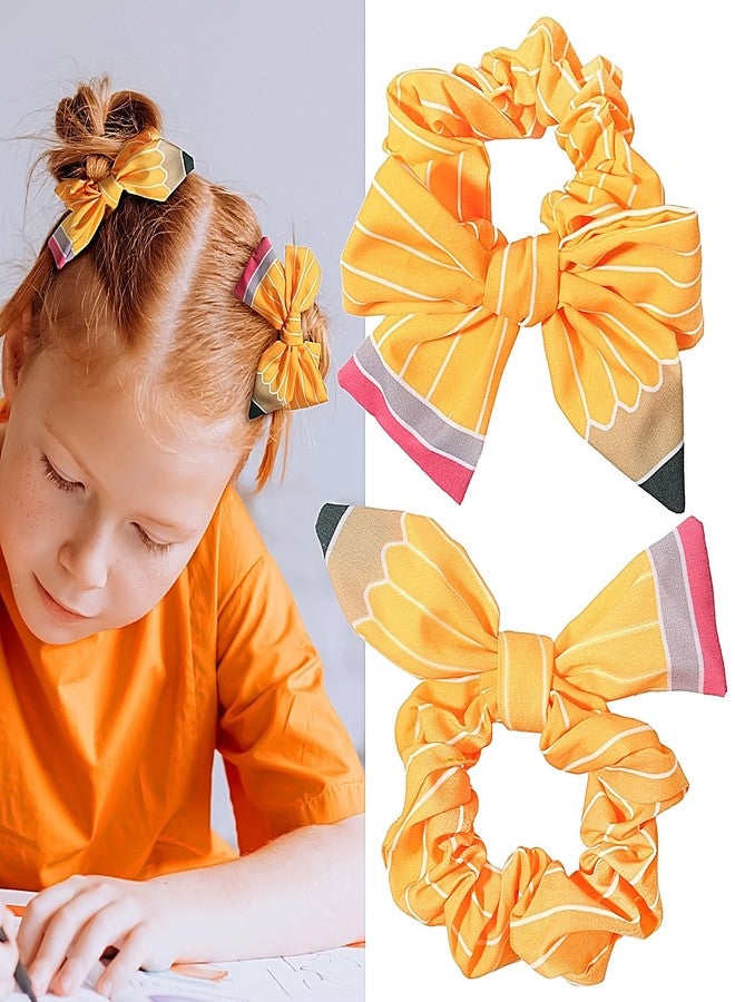 Doneace Yellow Pencil Hair Scrunchies for Girls Back To School Bow Hair Ties Elastic Teacher Hair Ribbon Detachable Hair Ring Hair Loop Ponytail Holder for School First Day Hair Accessories Gifts 2Pcs - Image 1