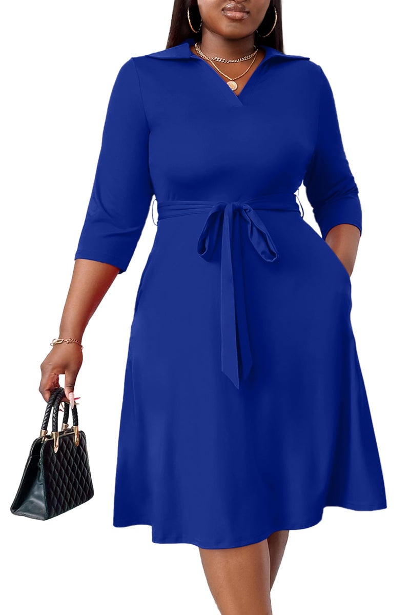 FANDEE Women's Plus Size Maxi Dress V-Neck A Line Midi Dresses for Spring Summer Fall Winter Royal Blue 2XL - Image 1