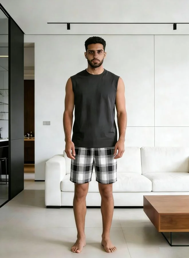 Take Two Men Solid Round Neck Tank and Checked Shorts Set