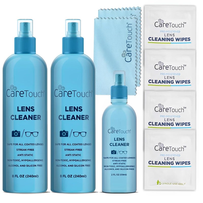 Care Touch Eyeglass Cleaner Spray Kit, Alcohol-Free Glasses Spray Cleaner Solution for All Lenses, 16oz (8oz x 2) & 2oz - Lens Cleaner Spray - Eye Glass Cleaners Spray, 26 Wipes + 2 Microfiber Cloths - Image 1