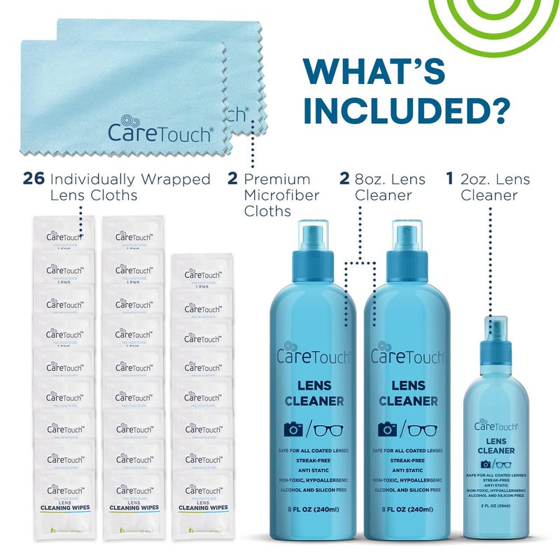 Care Touch Eyeglass Cleaner Spray Kit, Alcohol-Free Glasses Spray Cleaner Solution for All Lenses, 16oz (8oz x 2) & 2oz - Lens Cleaner Spray - Eye Glass Cleaners Spray, 26 Wipes + 2 Microfiber Cloths - Image 3
