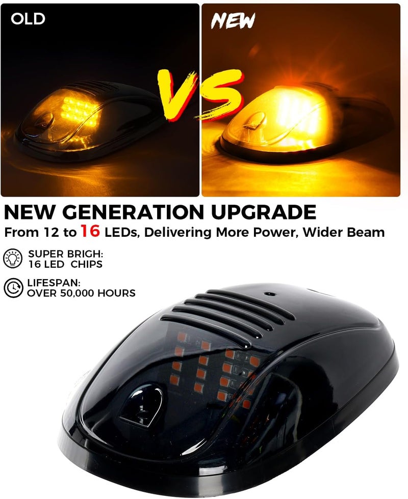 Xprite Black Smoked Lens 16 LEDs Cab Clearance Light 5 Pcs Roof Top Marker Running Lights Kit for Ford Dodge Ram Trucks SUV POV Pickup - Amber Yellow - Image 2