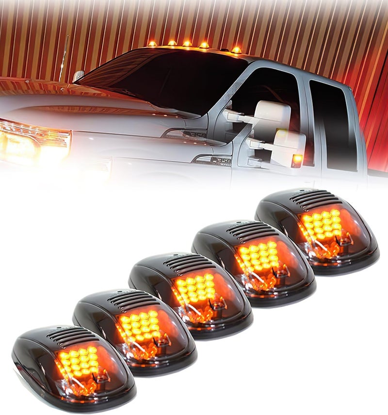 Xprite Black Smoked Lens 16 LEDs Cab Clearance Light 5 Pcs Roof Top Marker Running Lights Kit for Ford Dodge Ram Trucks SUV POV Pickup - Amber Yellow - Image 1