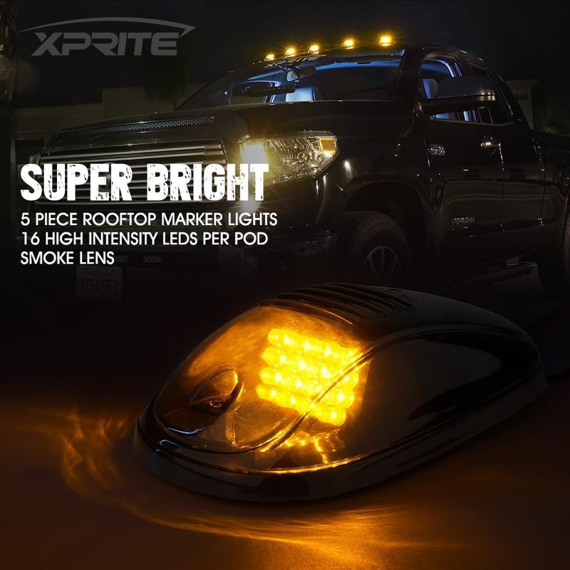 Xprite Black Smoked Lens 16 LEDs Cab Clearance Light 5 Pcs Roof Top Marker Running Lights Kit for Ford Dodge Ram Trucks SUV POV Pickup - Amber Yellow - Image 3