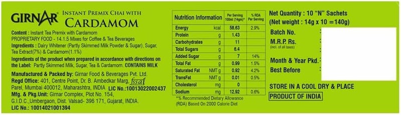 Girnar Instant Cardamom Chai Tea Premix - 10 Sachet Pack - Image 2
