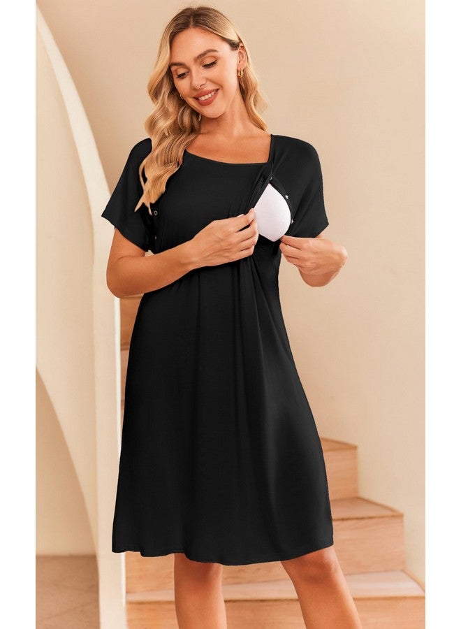Ekouaer Womens, Nightgown Nightshirt, Short Sleeve, Labor & Delivery Maternity Button Down Nursing Gown For Breastfeeding, Black, Large - Image 4