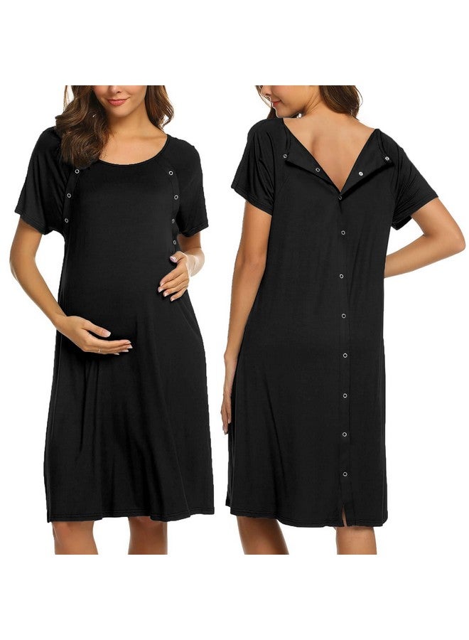 Ekouaer Womens, Nightgown Nightshirt, Short Sleeve, Labor & Delivery Maternity Button Down Nursing Gown For Breastfeeding, Black, Large - Image 1