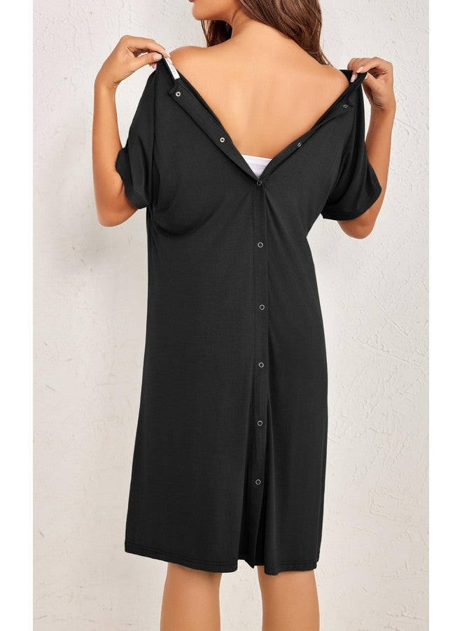 Ekouaer Womens, Nightgown Nightshirt, Short Sleeve, Labor & Delivery Maternity Button Down Nursing Gown For Breastfeeding, Black, Large - Image 5