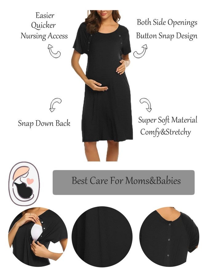 Ekouaer Womens, Nightgown Nightshirt, Short Sleeve, Labor & Delivery Maternity Button Down Nursing Gown For Breastfeeding, Black, Large - Image 2