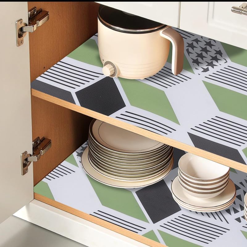STYEVA Printed Anti-Slip Shelf Liner Mat Sheet for Drawers, Shelves, Tables, Cupboards, Fridge, Kitchen, Home, and Office - 45 CM X 5 M (Green Geometric) - Image 2
