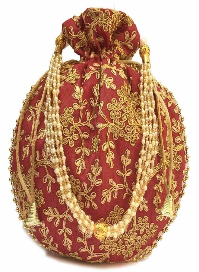 SUMERA WARQ Potli Bags for Ladies for Wedding Parties Mirror Embellished Embroidered Bag for Women (Dark Red) - Image 1