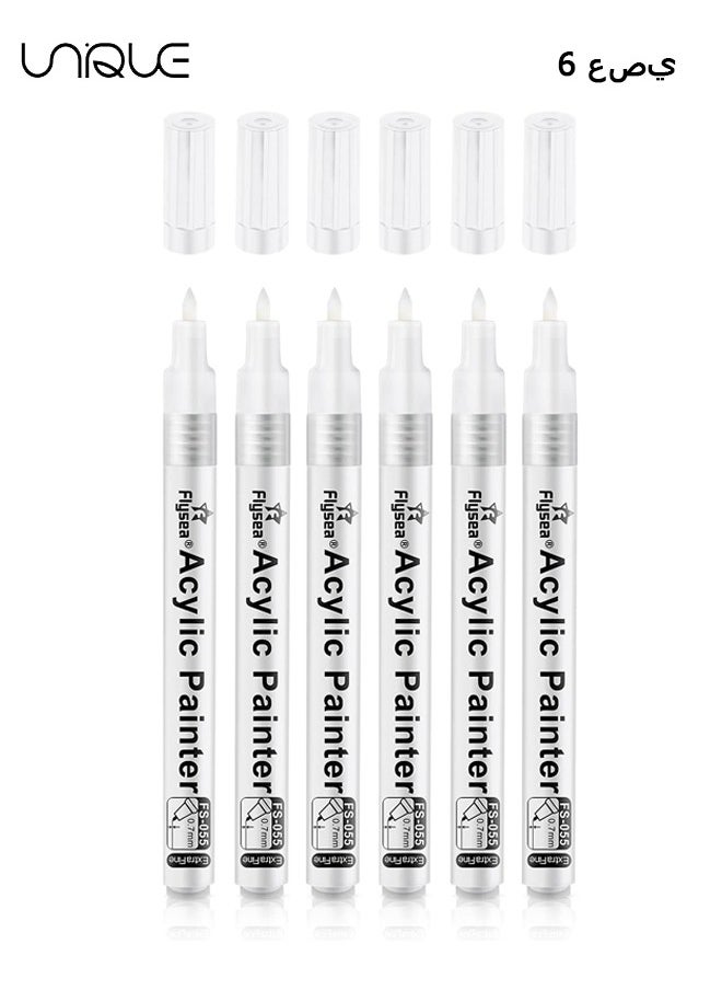 Paint Pens White Marker 6 Pack, 0.7mm Acrylic White Permanent Marker, White Paint Pens for Rock Painting Stone Ceramic Glass Wood Plastic Glass Metal Canvas Water-based Extra Fine Point
