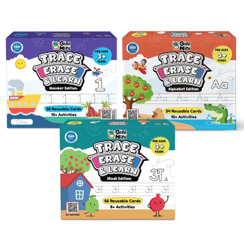 Trace, Erase & Learn Combo – Alphabet, Number & Hindi Edition | 200+ Rewritable Pre-Writing Cards for Ages 3+ | Tracing, Counting, Play-Doh, Rhymes | Fine Motor & Early Learning Kit