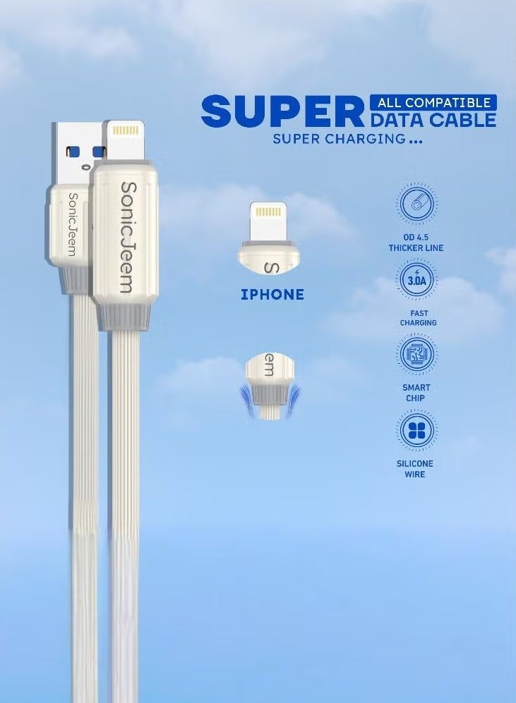 SONIC JEEM AE-Sonic Game 3.0A USB TO LIGHTNING Charging Cable, Tangle-Free, 1m Length, Supports Fast Charging, White - Image 2
