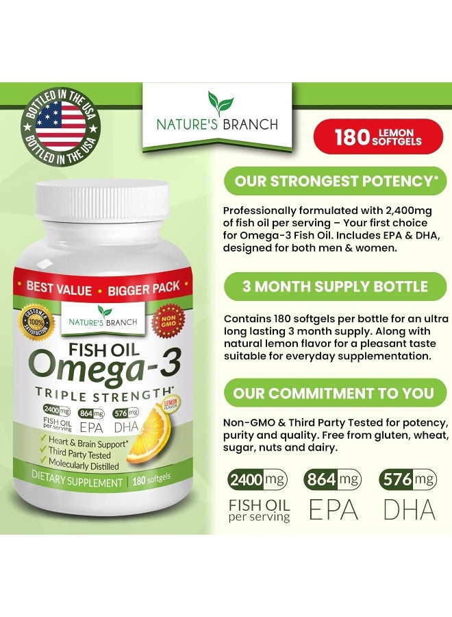 Nature's Branch Best Triple Strength Omega 3 Fish Oil Pills - 180 Capsules - 2500mg - Image 2