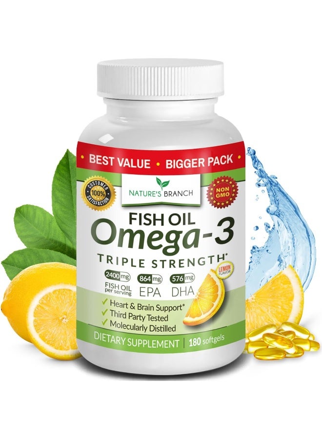 Nature's Branch Best Triple Strength Omega 3 Fish Oil Pills - 180 Capsules - 2500mg - Image 1
