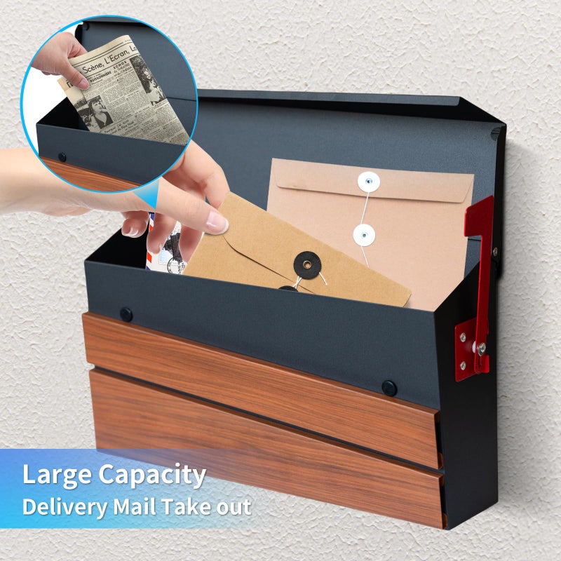 xhlokk Wall Mount Mailboxes, Morden Mailbox for House, Metal Outside Mailbox with Walnut Wood Panel, Large Capacity Galvanized Steel Post Box with Flag (No Keys Locking) - Image 2
