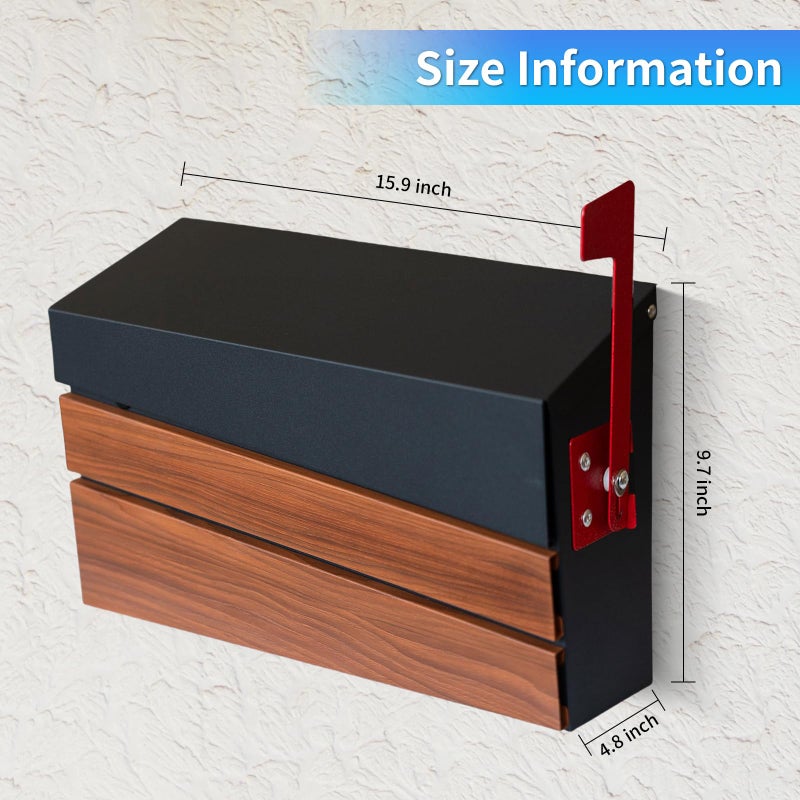 xhlokk Wall Mount Mailboxes, Morden Mailbox for House, Metal Outside Mailbox with Walnut Wood Panel, Large Capacity Galvanized Steel Post Box with Flag (No Keys Locking) - Image 5