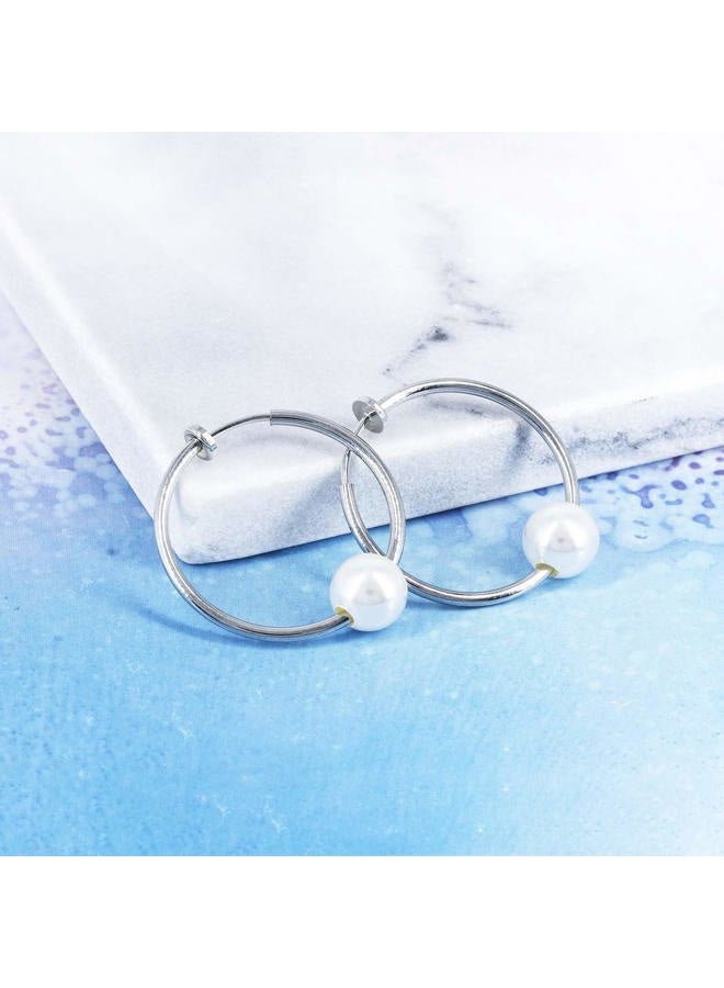 YOQUCOL 2 Pairs Clip On Hoop Earrings Jewellery for Women Simulated Freshwater Pearl Non Pierced Ears Spring Hoops - Image 3