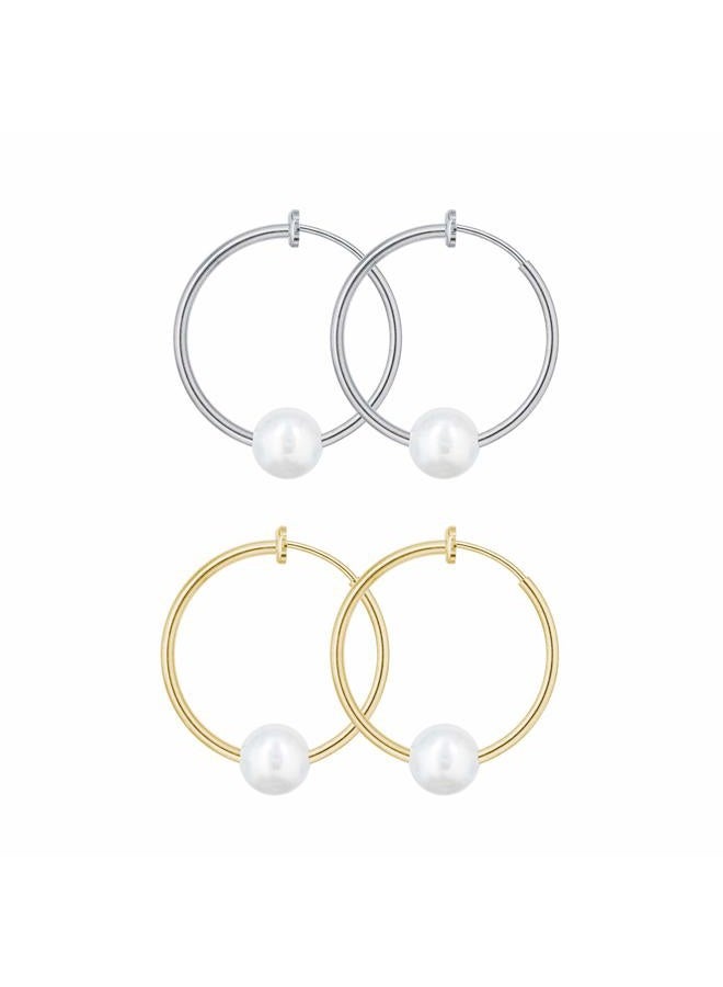YOQUCOL 2 Pairs Clip On Hoop Earrings Jewellery for Women Simulated Freshwater Pearl Non Pierced Ears Spring Hoops - Image 1