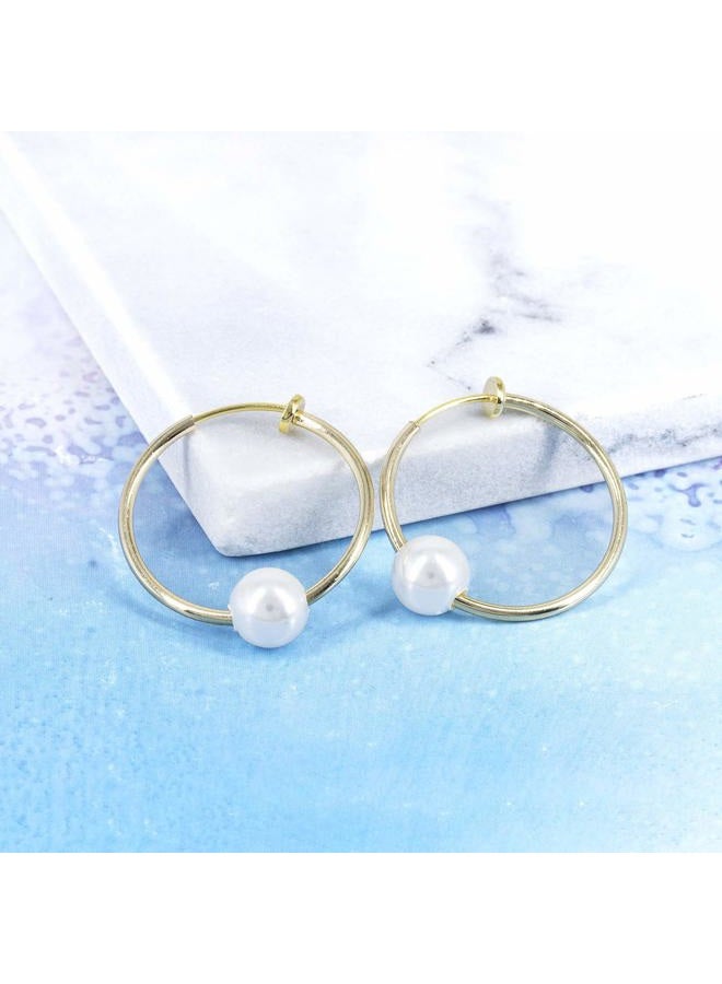 YOQUCOL 2 Pairs Clip On Hoop Earrings Jewellery for Women Simulated Freshwater Pearl Non Pierced Ears Spring Hoops - Image 4