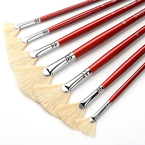 GACDR Fan Brush for Painting 7 Pieces Fan Brush Set with Hog Bristle Natural Hair and Long Wood Handle Professional Artist Fan Brushes for Acrylic PaintingOil Watercolor Painting
