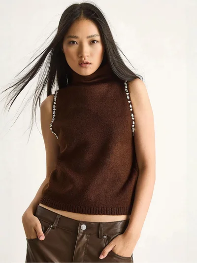 Bianco Lucci LUCCI Turtleneck Blouse with Pearl Detail