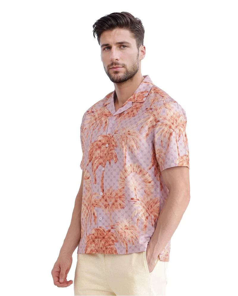 Rare Rabbit Men's Monogram And Tropical Print Cuban Collar Shirt