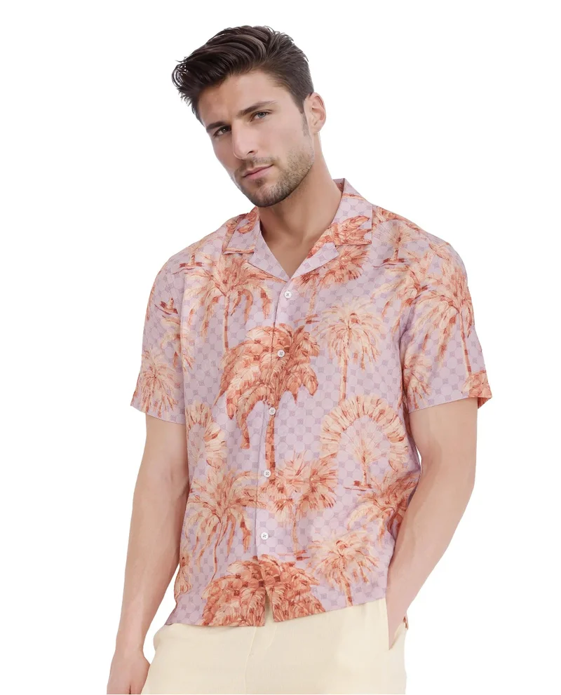 Rare Rabbit Men's Monogram And Tropical Print Cuban Collar Shirt