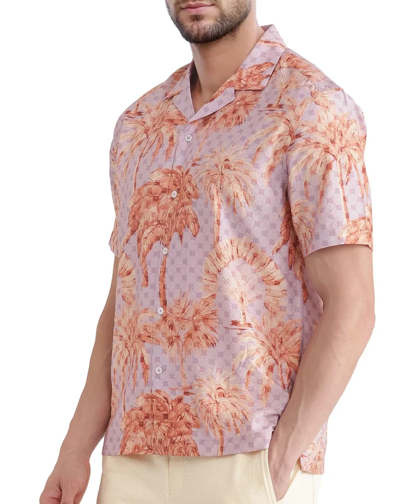 Rare Rabbit Men's Monogram And Tropical Print Cuban Collar Shirt