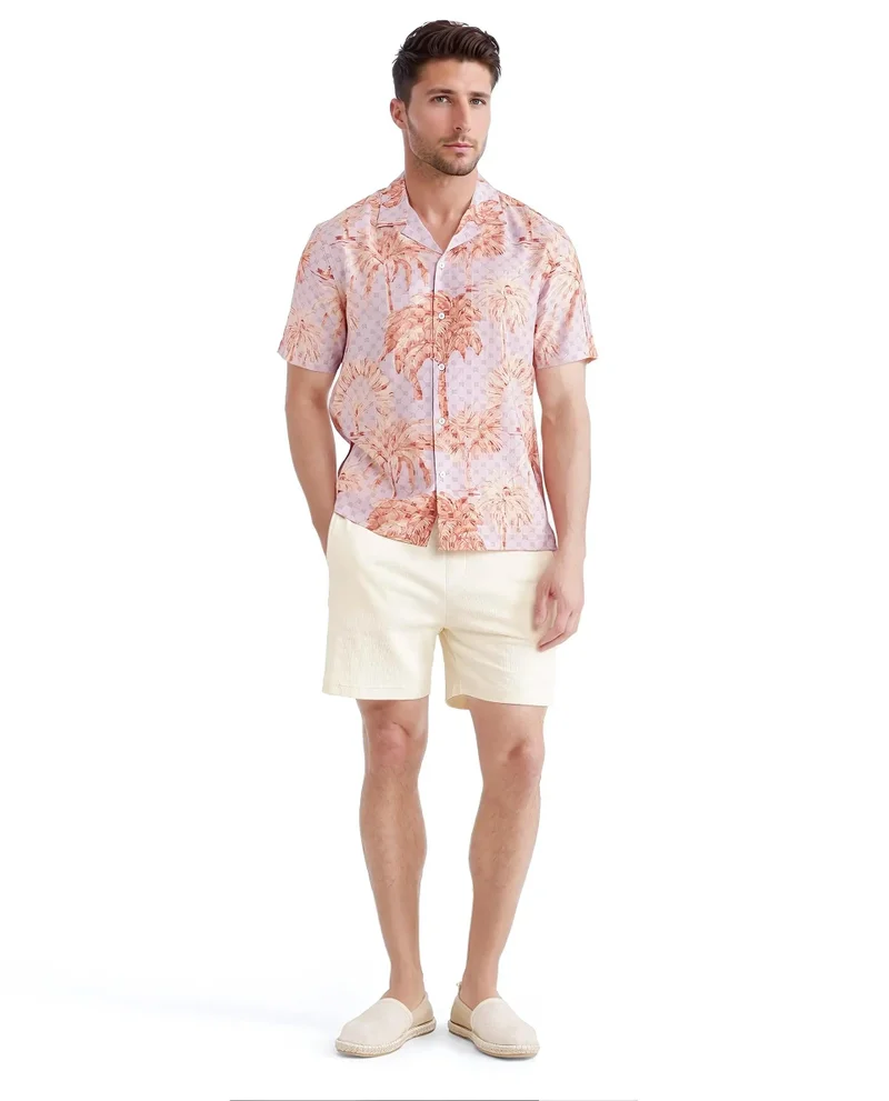 Rare Rabbit Men's Monogram And Tropical Print Cuban Collar Shirt