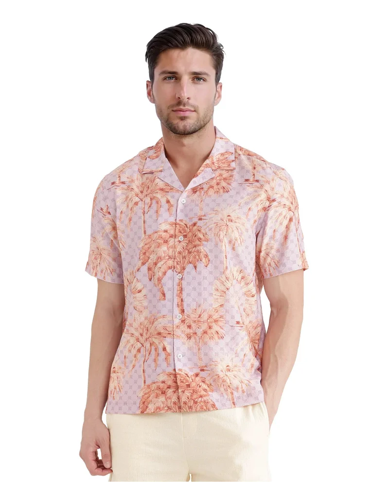 Rare Rabbit Men's Monogram And Tropical Print Cuban Collar Shirt
