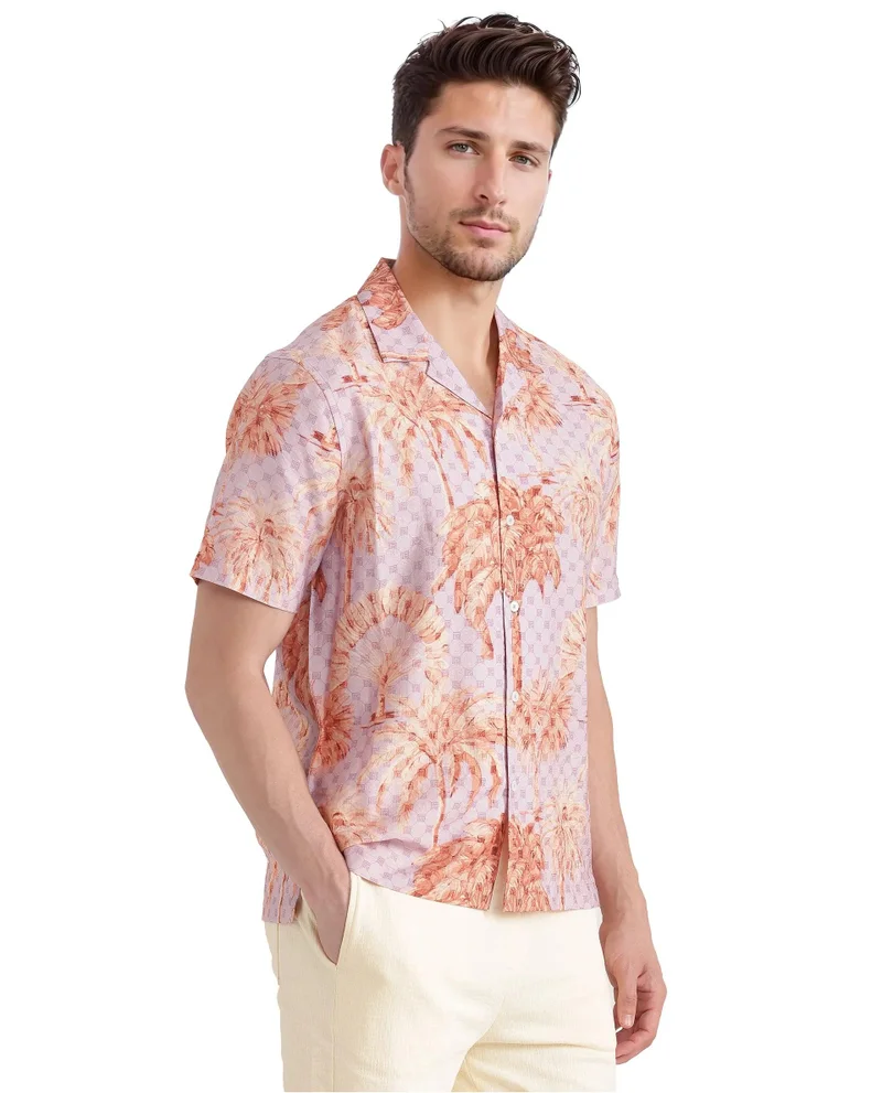 Rare Rabbit Men's Monogram And Tropical Print Cuban Collar Shirt