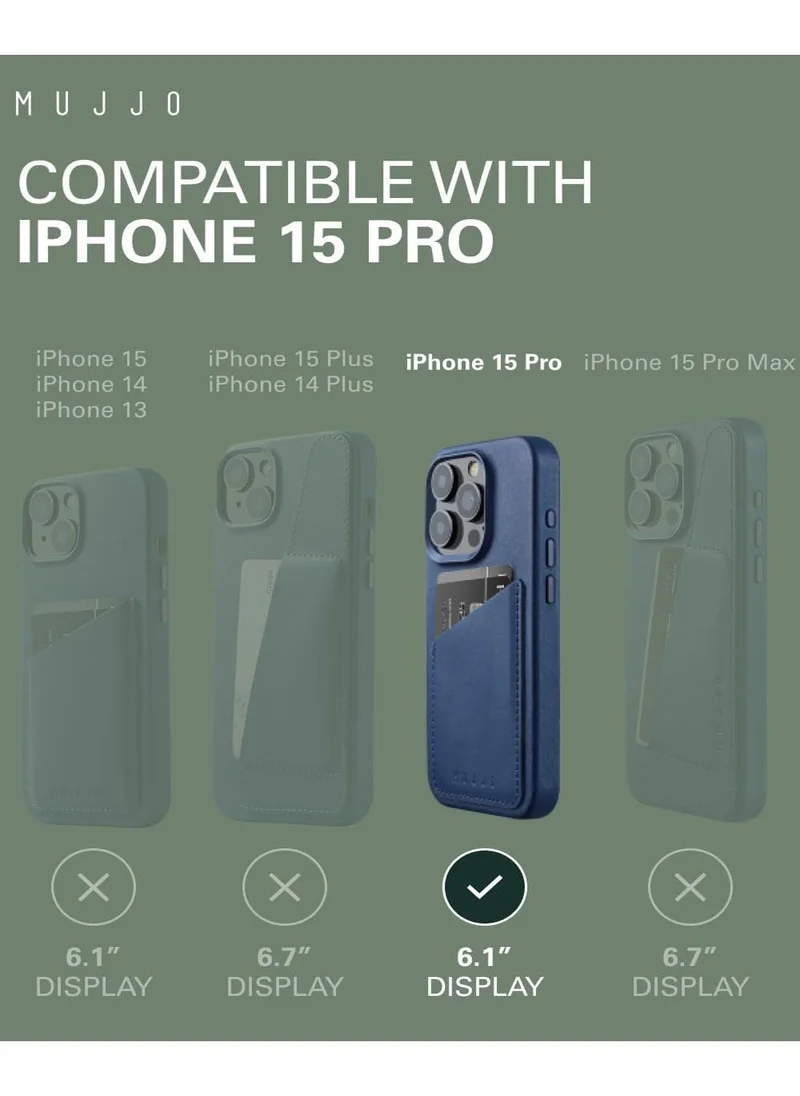 موجو حافظة محفظة جلدية Mujjo لهاتف iPhone 15 Pro - حافظة جلدية أوروبية ممتازة مع جيب للبطاقة، حماية معززة لعدسة الهاتف والكاميرا، متوافقة مع MagSafe - حافظة محفظة بطاقة iPhone 15 Pro (أزرق موناكو)