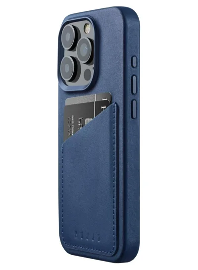 موجو حافظة محفظة جلدية Mujjo لهاتف iPhone 15 Pro - حافظة جلدية أوروبية ممتازة مع جيب للبطاقة، حماية معززة لعدسة الهاتف والكاميرا، متوافقة مع MagSafe - حافظة محفظة بطاقة iPhone 15 Pro (أزرق موناكو)