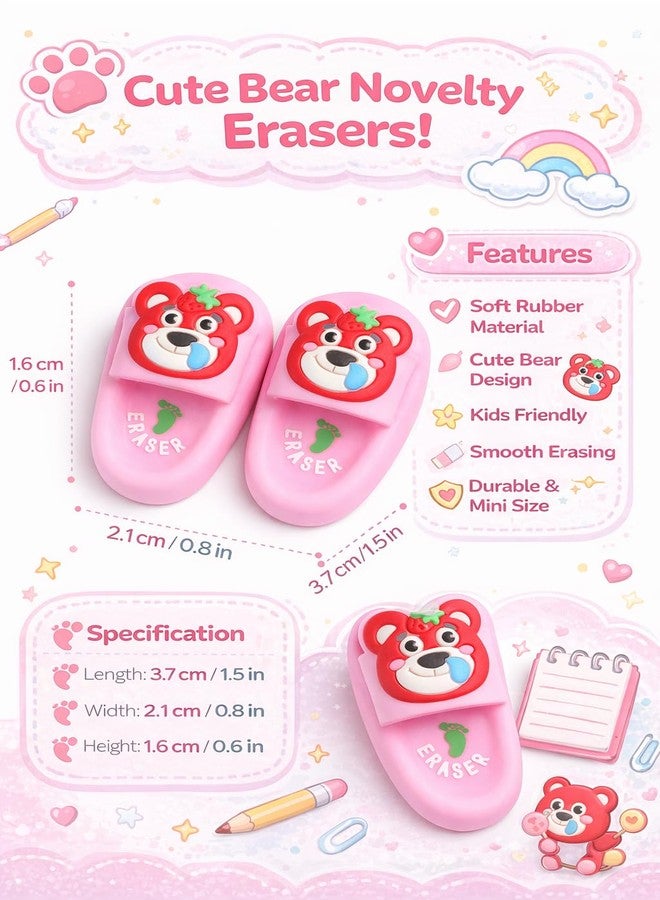 Teraabliss Cute Bear Slipper Shape Eraser for Kids - Mini Soft Rubber Novelty Erasers, Cartoon Design, Smooth Erasing, School Stationery Gift (Pink) - Image 2