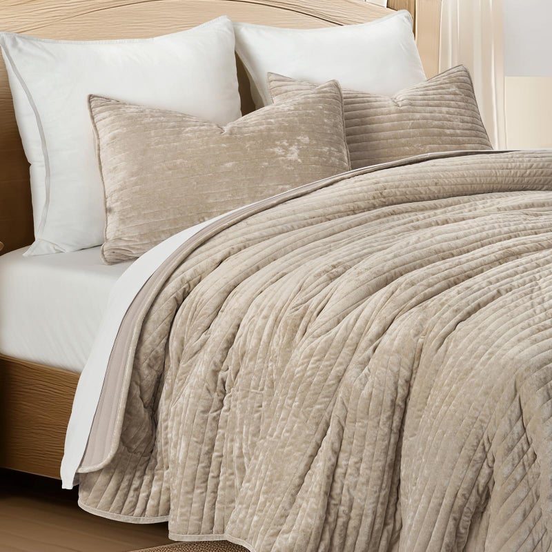 EVERGRACE Velvet Quilt Set King Size, Luxurious Soft Striped Channel Bedding Set, Lightweight Velvet Comforter for All Season, Oversized Bedspread Coverlet with 2 Matching Shams, Beige Taupe - Image 4