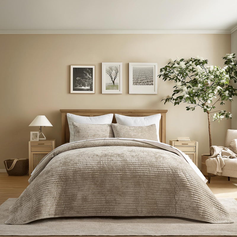 EVERGRACE Velvet Quilt Set King Size, Luxurious Soft Striped Channel Bedding Set, Lightweight Velvet Comforter for All Season, Oversized Bedspread Coverlet with 2 Matching Shams, Beige Taupe - Image 1