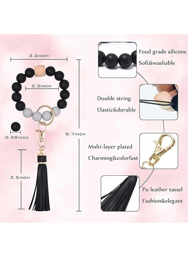Organizer Silicone Beaded Bracelet Keychain Wristlet Key Ring Bangle Chains for Women with Leather Tassel  - Image 4