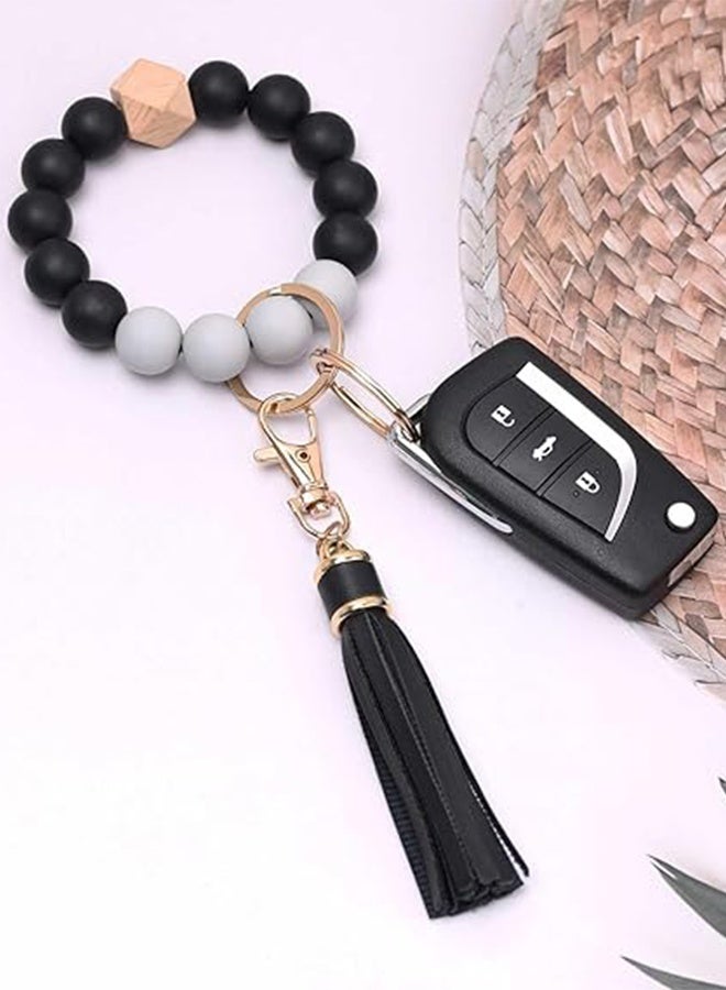 Organizer Silicone Beaded Bracelet Keychain Wristlet Key Ring Bangle Chains for Women with Leather Tassel  - Image 3