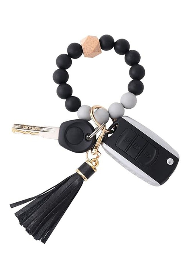 Organizer Silicone Beaded Bracelet Keychain Wristlet Key Ring Bangle Chains for Women with Leather Tassel  - Image 1