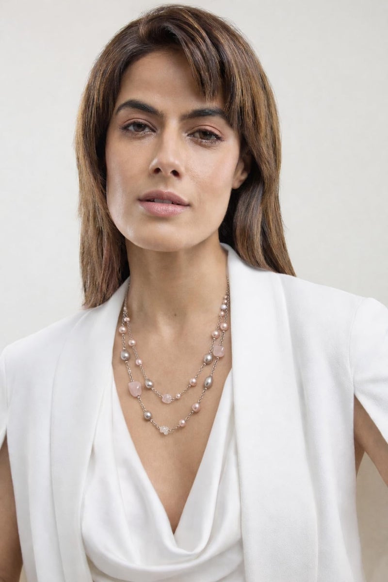 Belacqua Natural Pink Rose Quartz with Cultured Freshwater Pearl Layered Station Necklace in Sterling Silver, Multi-Strand 18" Rolo Chain, Real Pearl Jewelry for Women, Gift Box Included - Image 2