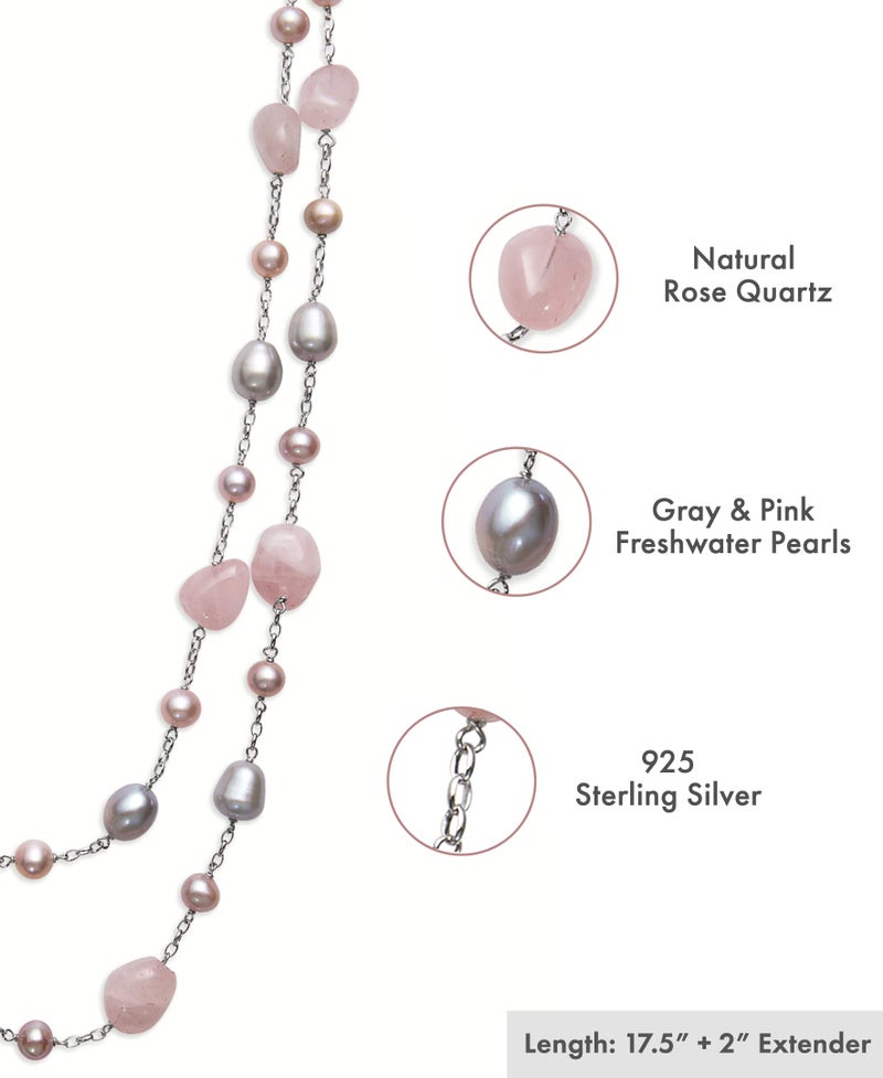 Belacqua Natural Pink Rose Quartz with Cultured Freshwater Pearl Layered Station Necklace in Sterling Silver, Multi-Strand 18" Rolo Chain, Real Pearl Jewelry for Women, Gift Box Included - Image 3