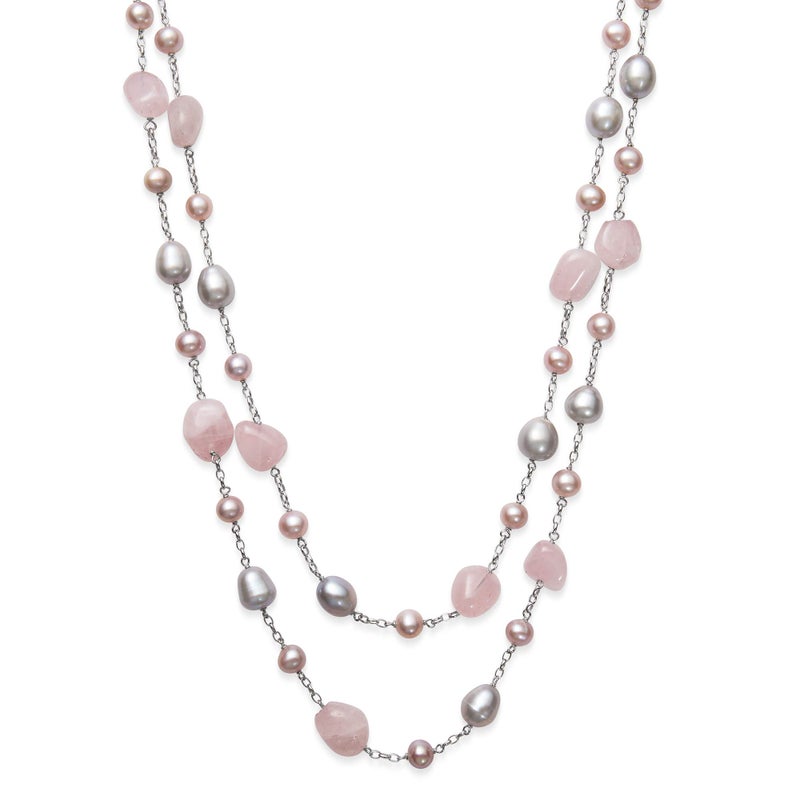 Belacqua Natural Pink Rose Quartz with Cultured Freshwater Pearl Layered Station Necklace in Sterling Silver, Multi-Strand 18" Rolo Chain, Real Pearl Jewelry for Women, Gift Box Included - Image 1