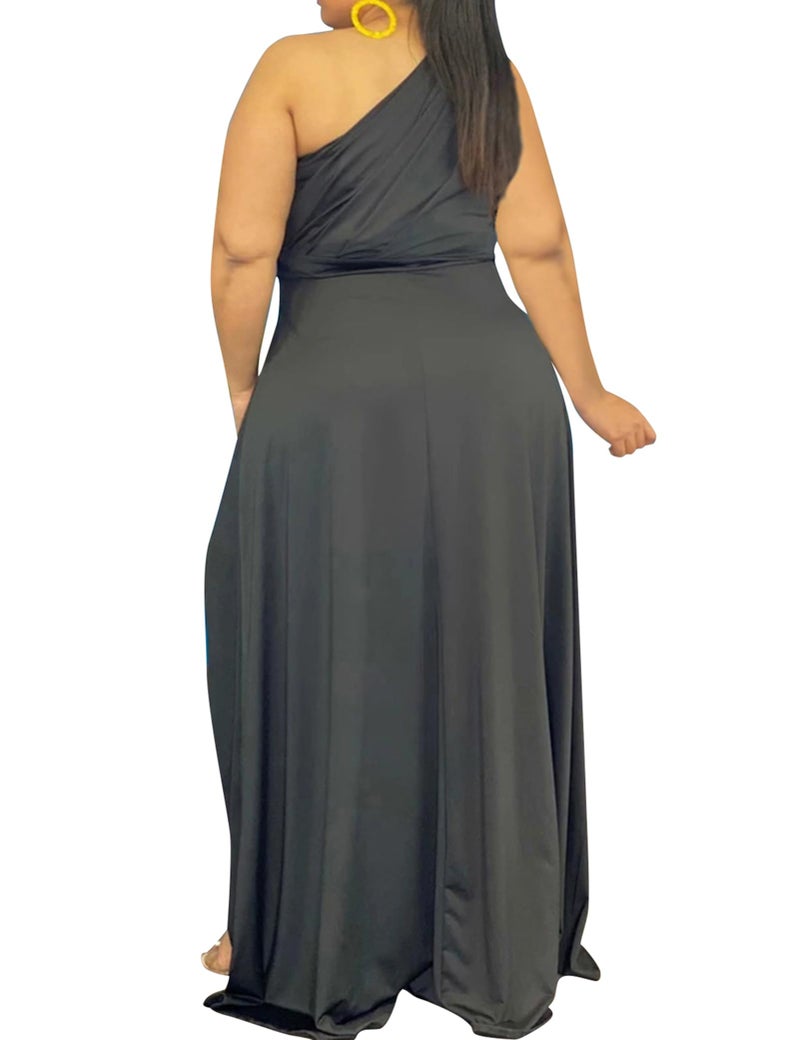 Ekaliy Women's Plus Size One Shoulder Dress Sexy High Low Irregular Hem Flowy Party Cocktail Maxi Dress Black XL - Image 2